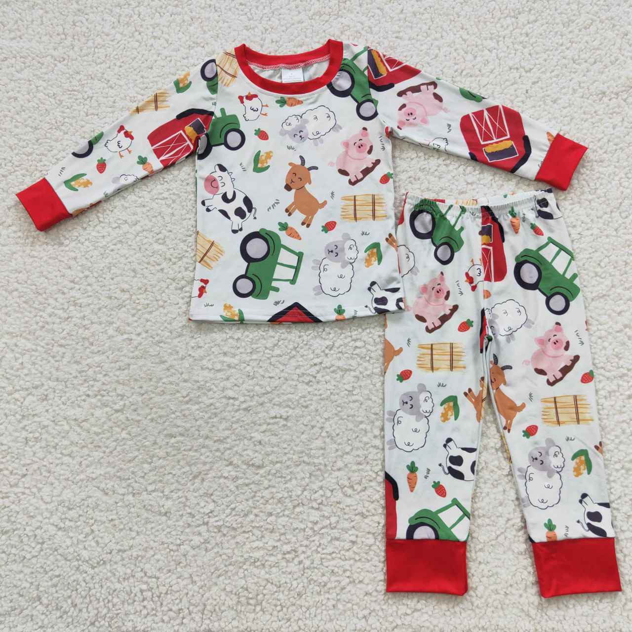 BLP0197 Farm Red House Cow Pig Sheep Animal Red Side Long Sleeve Trousers Suit