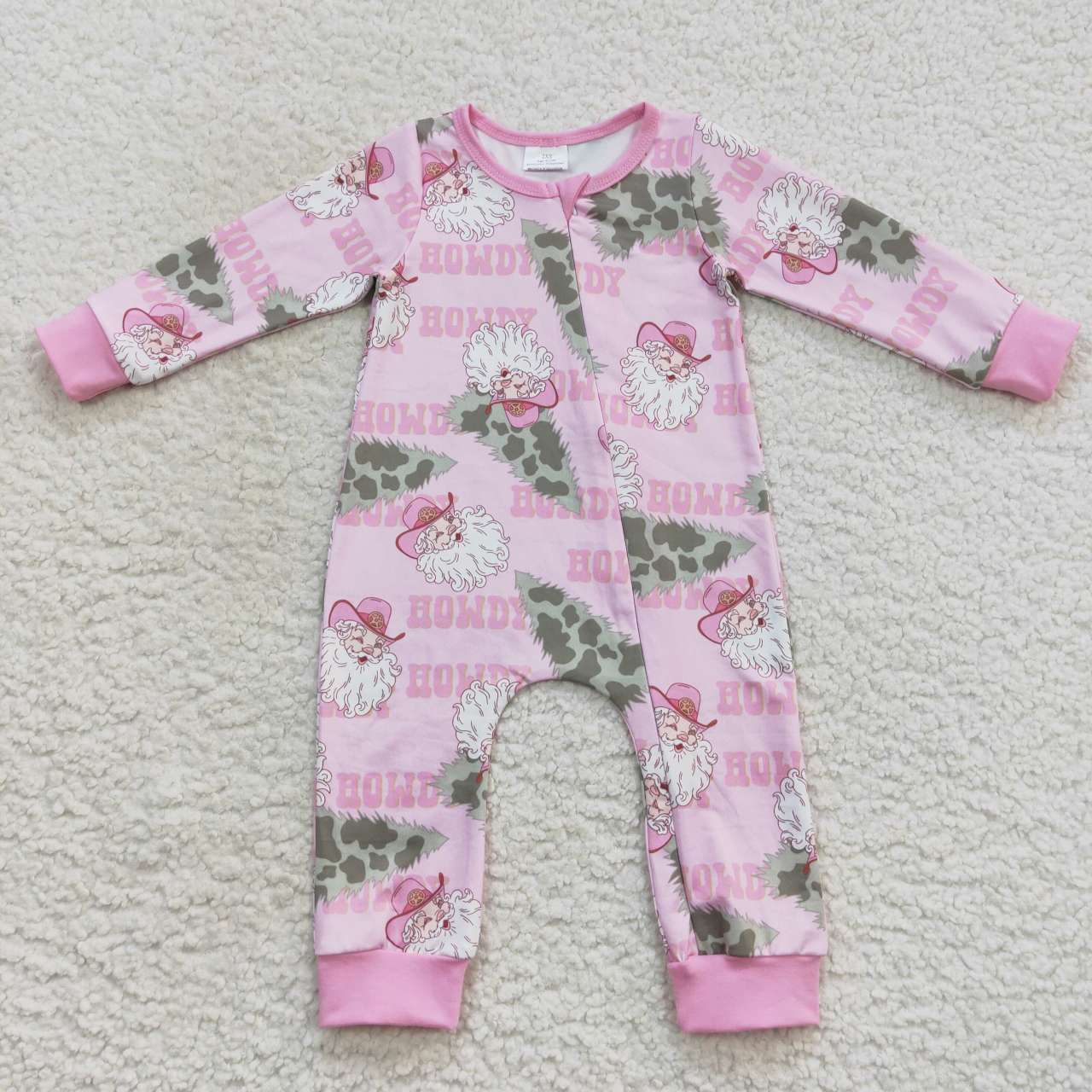 LR0548 Howdy Santa Tree Pink Zip Long Sleeve Onesie