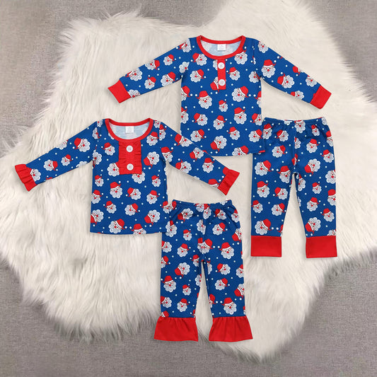 RTS NO MOQ Sibling baby girl boy clothes navy blue Christmas Santa Claus button long sleeves pants sets