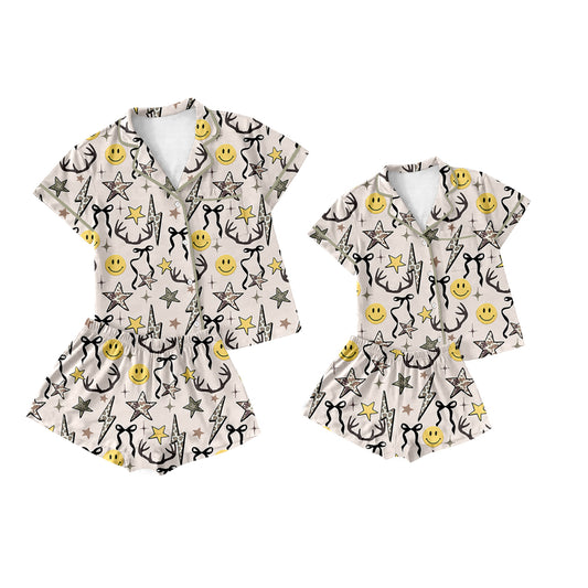 25.11.21 custom each style moq 5 eta 6-8week Sibling Sister smiley bow short sleeve shorts sets and adult set match design