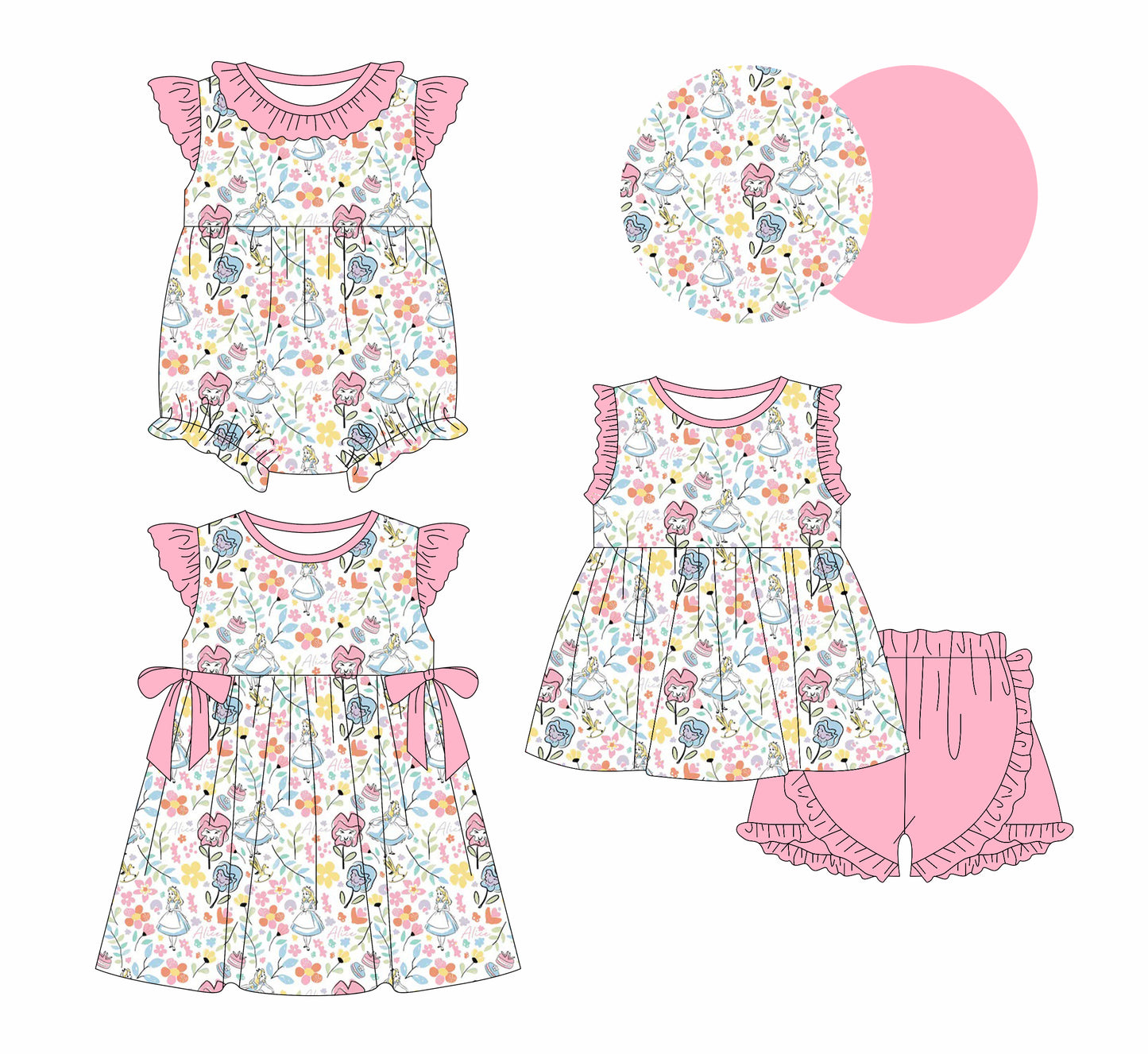 1.14 custom each style moq 5eta 4-6week Sibling Sisters floral baby girl short sleeve shorts sets and dress and rompers match family design