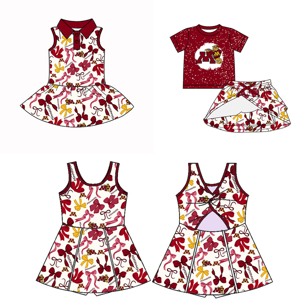 Custom moq 5 mix sizes summer teams baby girls clothes team brick red short sleeve skirts shorts sets dress 1 and dress 2-25.5.10