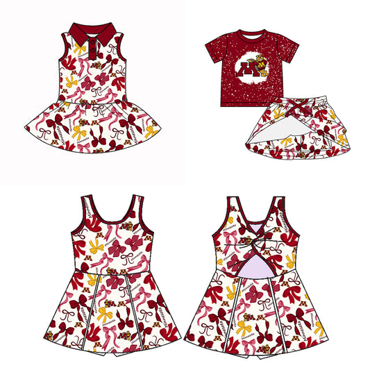 Custom moq 5 mix sizes summer teams baby girls clothes team brick red short sleeve skirts shorts sets dress 1 and dress 2-25.5.10