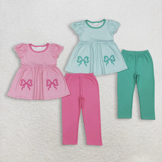 RTS NO MOQ Sibling baby girl clothes embroidery bow short-sleeved pants sets