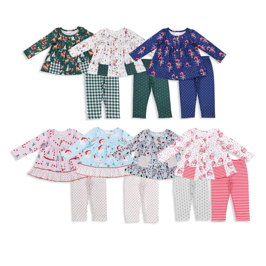 RTS NO MOQ Sibling baby girls clothes Christmas Tree Long Sleeve Suits