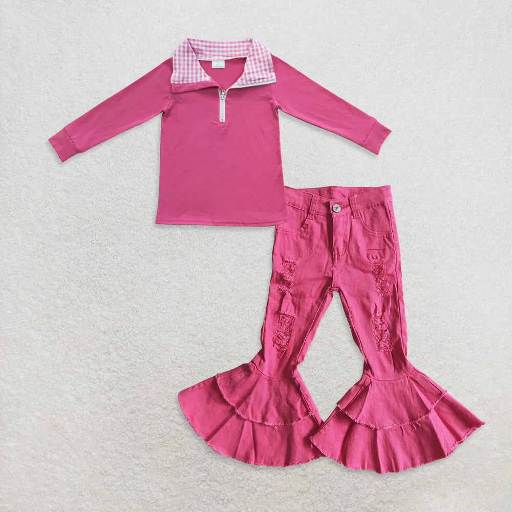 RTS NO MOQ GT0276 + D14-14 Baby Kids Hotpink Long Sleeve Elbow Pullover Tee Shirt Tops Flare bell pants