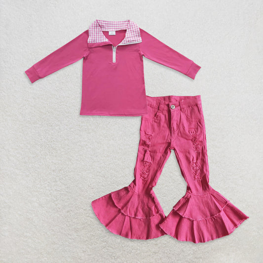 RTS NO MOQ GT0276 + D14-14 Baby Kids Hotpink Long Sleeve Elbow Pullover Tee Shirt Tops Flare bell pants