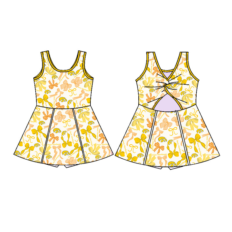 Custom moq 5 mix sizes summer teams baby girls clothes team yellow short sleeve skirts shorts sets dress 1 and dress 2-25.5.10