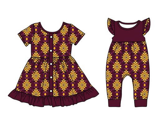 26.1.2 custom each style moq 5 eta 6-8week Sibling Sister geometric baby short sleeve romper and dress match design