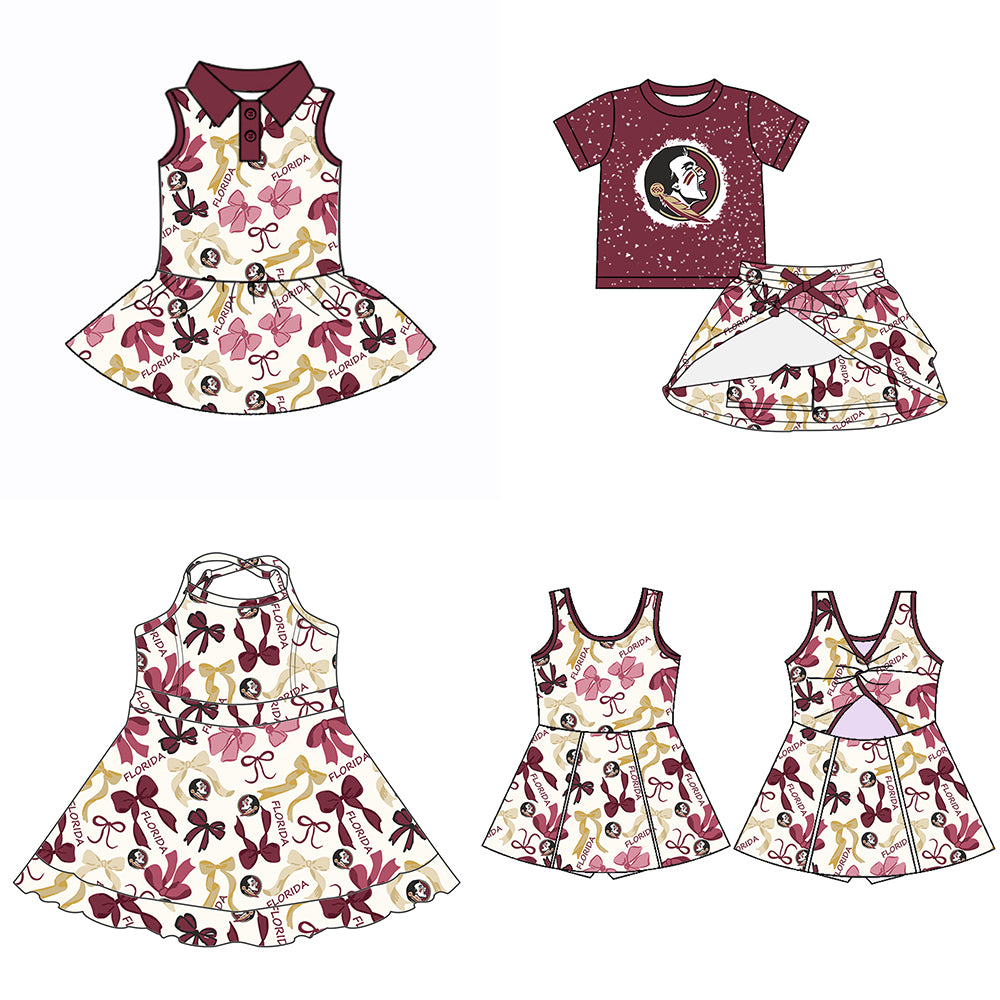 Custom moq 5 mix sizes summer teams baby girls clothes team brick red short sleeve skirts shorts sets dress 1 and dress 2 and dress 3 and dress 4-25.5.15
