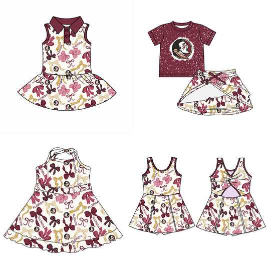 Custom moq 5 mix sizes summer teams baby girls clothes team brick red short sleeve skirts shorts sets dress 1 and dress 2 and dress 3 and dress 4-25.5.15