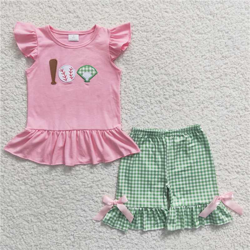 Baby girls Baseball print green plaid Sibling Sister Clothes Sets