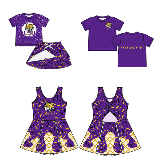 Custom moq 5 mix sizes summer teams baby girls clothes team purple short sleeve skirts shorts sets dress top-25.5.9