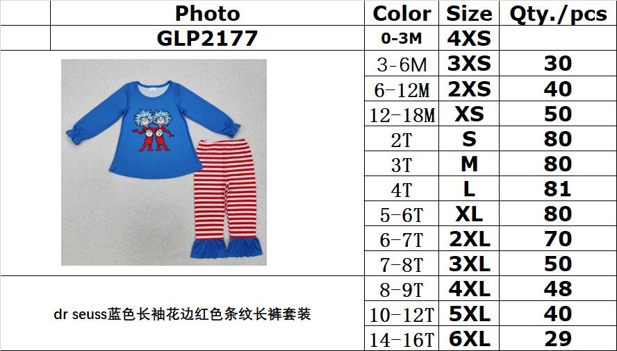 RTS NO MOQ ETA 5/7days Arrived GLP2177 Dr Seuss blue long-sleeved lace red striped pants set