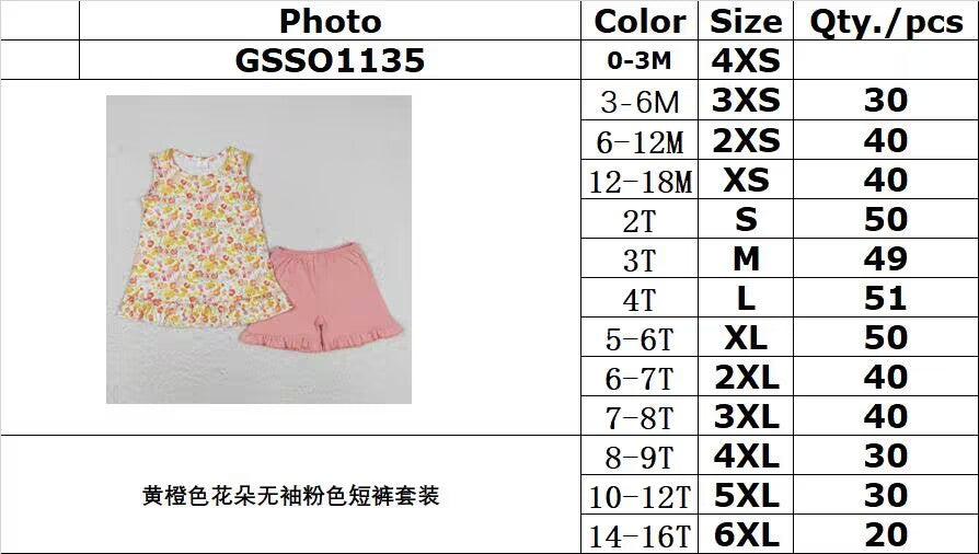 rts no moq GSSO1135 Yellow-orange floral sleeveless pink shorts suit