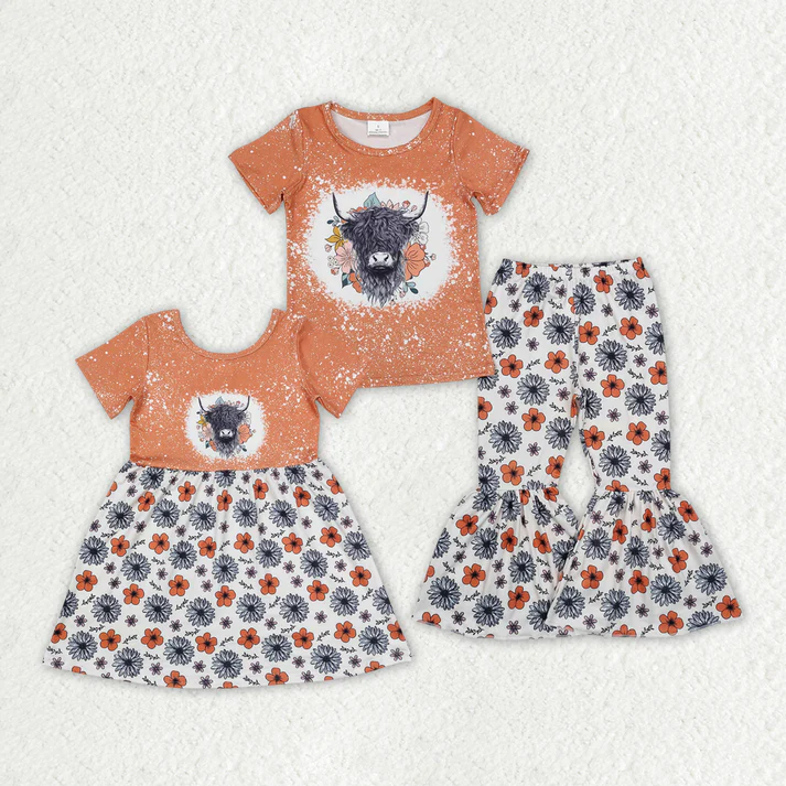 RTS NO MOQ Baby girls alpine florals orange Short Sleeve Suit & Dress