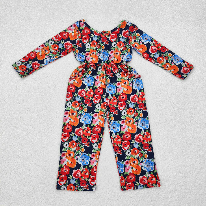 RTS NO MOQ Baby Girls Groovy Flowers Long Sleeve Fall Jumpsuits