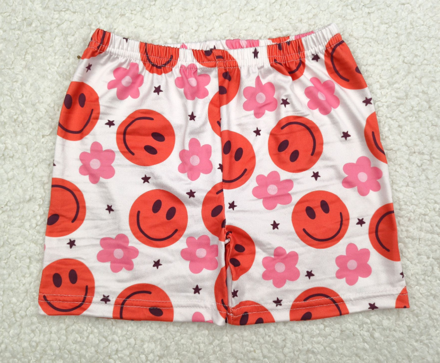 RTS SALES NO MOQ粉色小花橘红色笑脸星星白底短裤Pink flower orange smiley star white bottom shorts