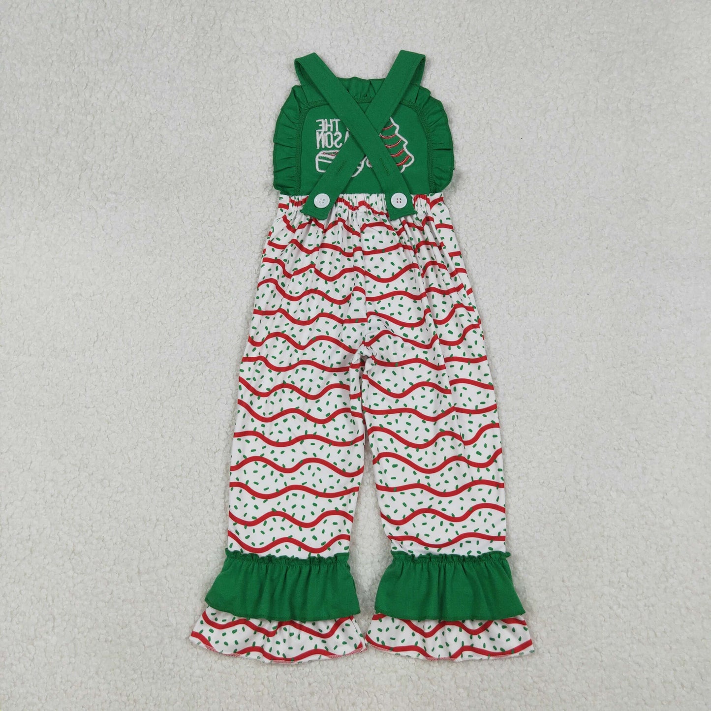 RTS NO MOQ（In Stock）SR3178 TIS the Season embroidered Christmas tree cookie green lace suspender bodysuit