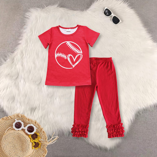 RTS NO MOQ Sibling baby girl clothes love baseball red short-sleeved top lace trousers sets and top and pants