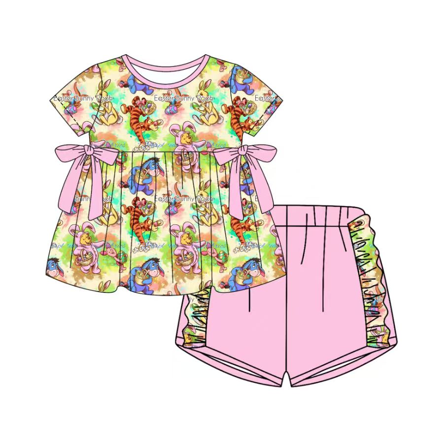 Custom moq 5 mix size milk silk baby girl clothes cartoon short sleeve shorts sets and pants sets