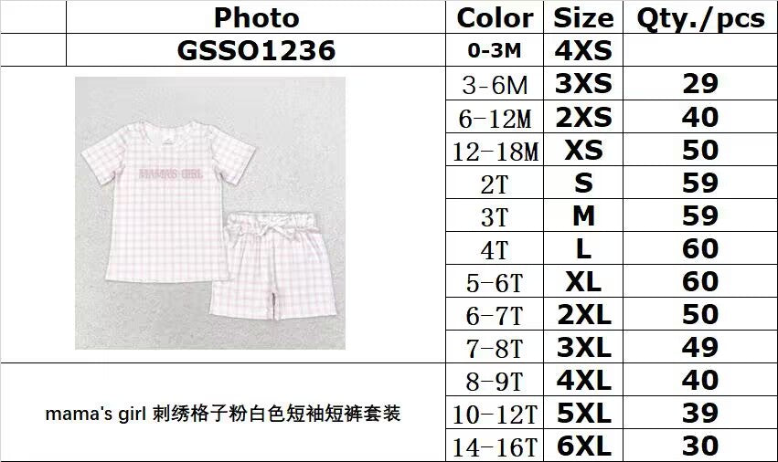 RTS no moq GSSO1236 Mama's girl embroidered plaid pink and white short sleeve shorts set