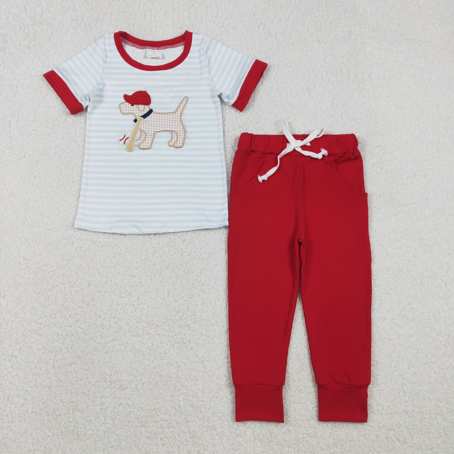 RTS NO MOQ（In Stock) Embroidered Baseball Cap Puppy Blue Striped Short-Sleeve T-Shirt and Red Pants Set