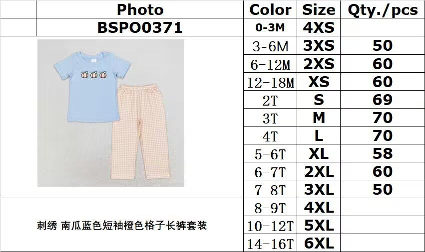 RTS NO MOQ BSPO0371 Embroidered pumpkin blue short sleeve orange plaid trousers set