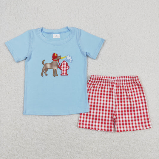 BSSO0377 Embroidery puppy fireman blue short sleeve red and white plaid shorts suit
