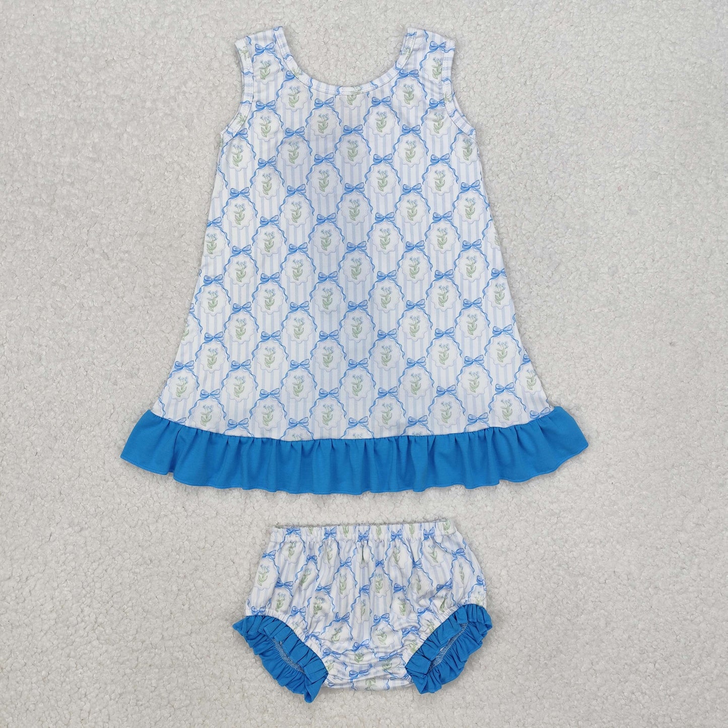 RTS NO MOQ ETA 5/7days arrived GBO0450 Flower bow stripe blue lace sleeveless briefs set