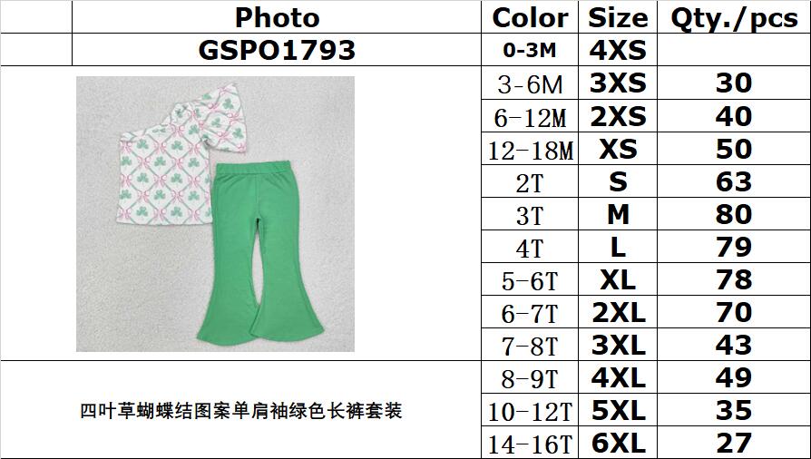 RTS NO MOQ ETA 5/7days Arrived GSPO1793 Green trouser suit with one-shoulder sleeves and four-leaf clover bow pattern