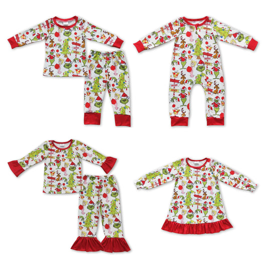 RTS NO MOQ Cartoon Green Monster-Christmas Tree Pattern Red Long Sleeve Suit & Climbing Suit & Long Sleeve Dress