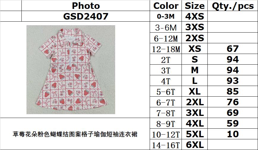 RTS NO MOQ GSD2407 Strawberry flower pink bow pattern plaid yoga short-sleeved dress