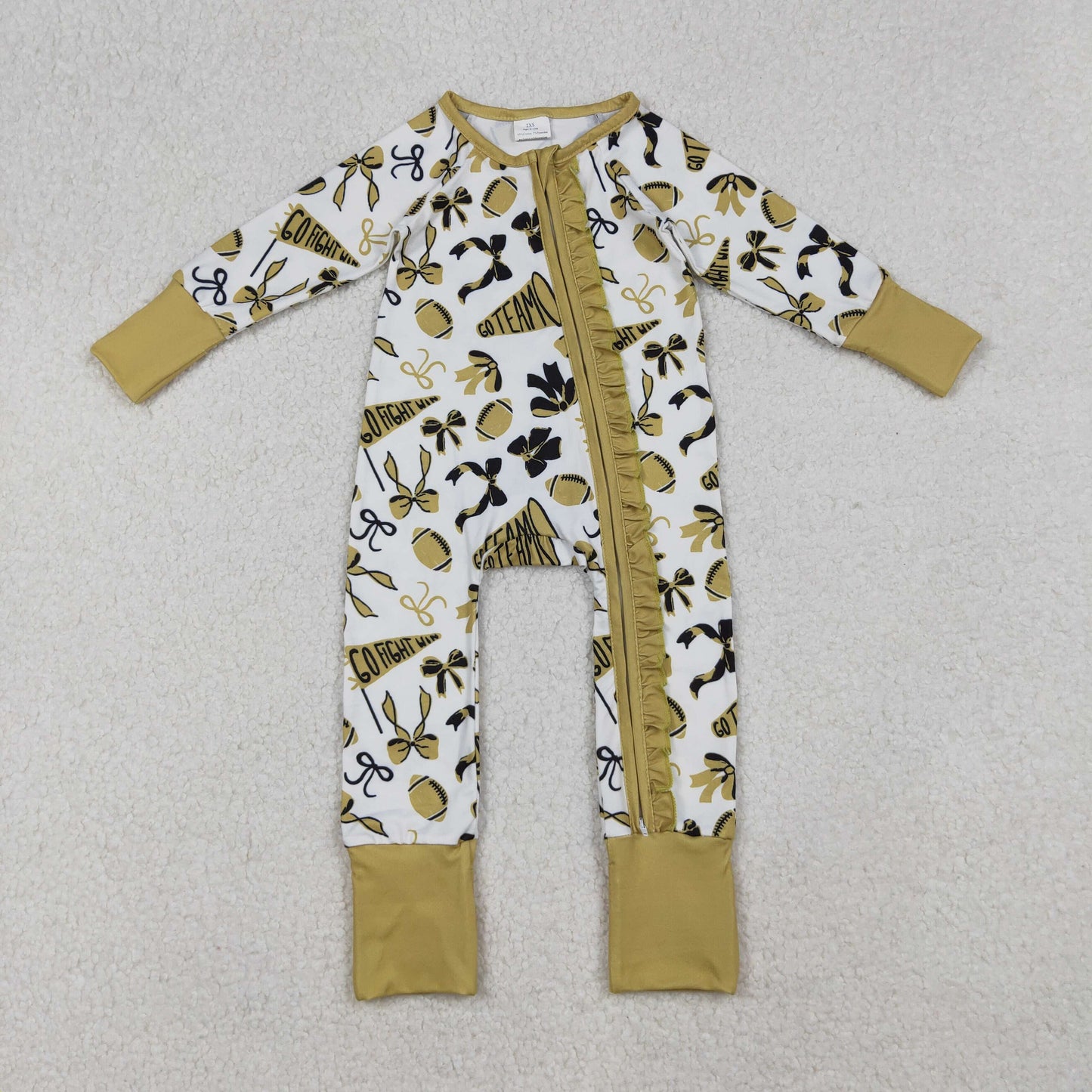 RTS NO MOQ（In Stock) LR2515 Football Trumpet Bow Pattern Gold Lace Zipper Long Sleeve Bodysuit