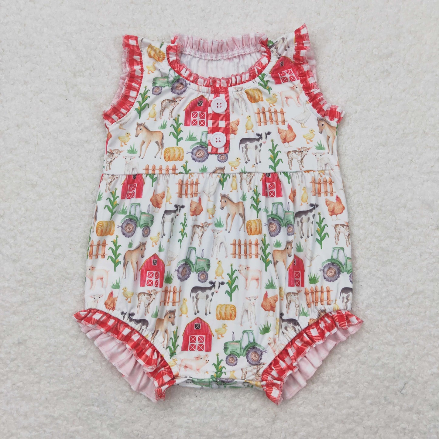 SR1294 Farm Animals Red House Red Plaid Lace Vest Jumpsuit