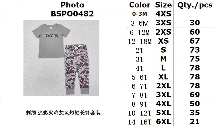 RTS NO MOQ ETA 5/7days Arrived BSPO0482 Embroidered camouflage turkey grey short-sleeved trousers set