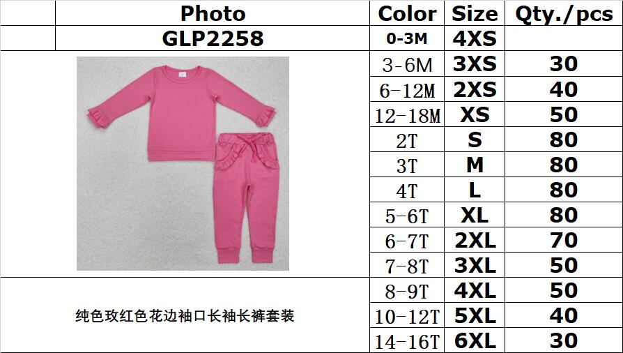 RTS NO MOQ ETA 5/7days Arrived GLP2258 Solid color rose red lace cuff long-sleeved long pants set