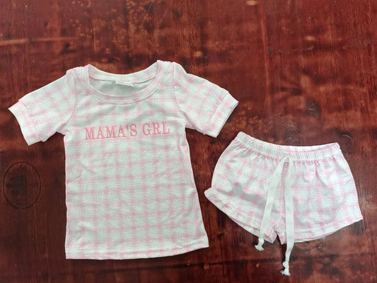 custom moq 5 eta 4-6weeks summer team baby girls clothes mama girls pink grid short sleeve shorts sets