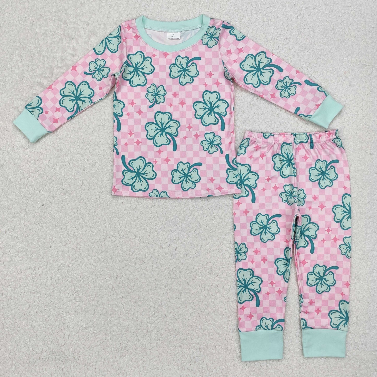 RTS NO MOQ ETA 5/7days Arrived GLP2192 Four-leaf clover pink plaid green edge long-sleeved long pants pajama set