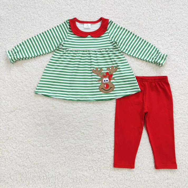 RTS NO MOQ Sibling Baby girls clothes embroidery Christmas deer long-sleeved trousers suits