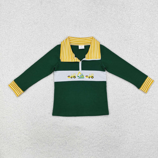 RTS NO MOQ ETA 5/7days Arrived BT0931 Embroidery Engineering Vehicle Stripe Yellow Collar Green Zipper Long Sleeve Top