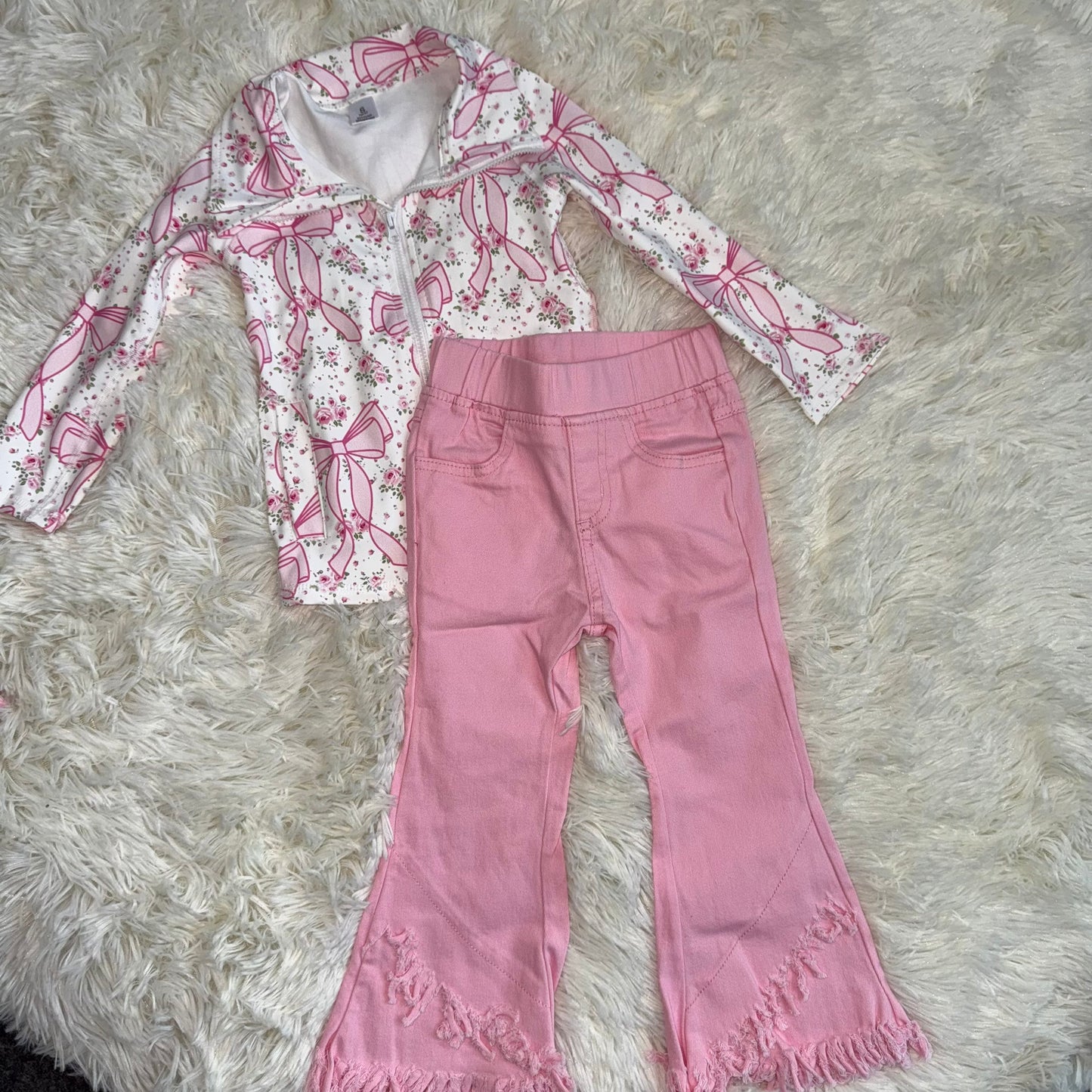 RTS NO MOQ（In Stock) GT1082+P0463 yoga floral bow zipper long sleeve top Pink tassel elastic waist denim pants sets