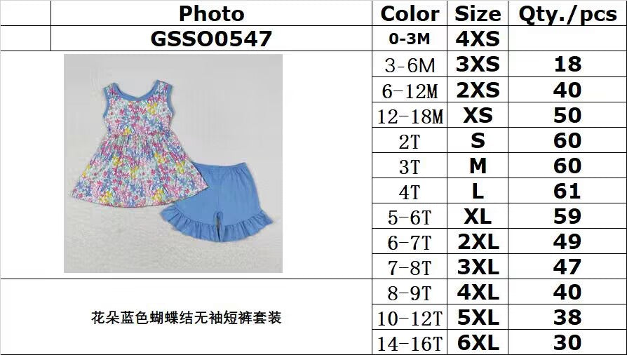 GSSO0547 Floral blue bow sleeveless shorts suit