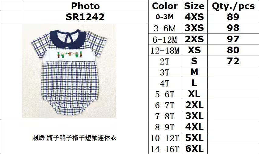 RTS no moq SR1242 embroidery bottle duck plaid short-sleeved jumpsuit