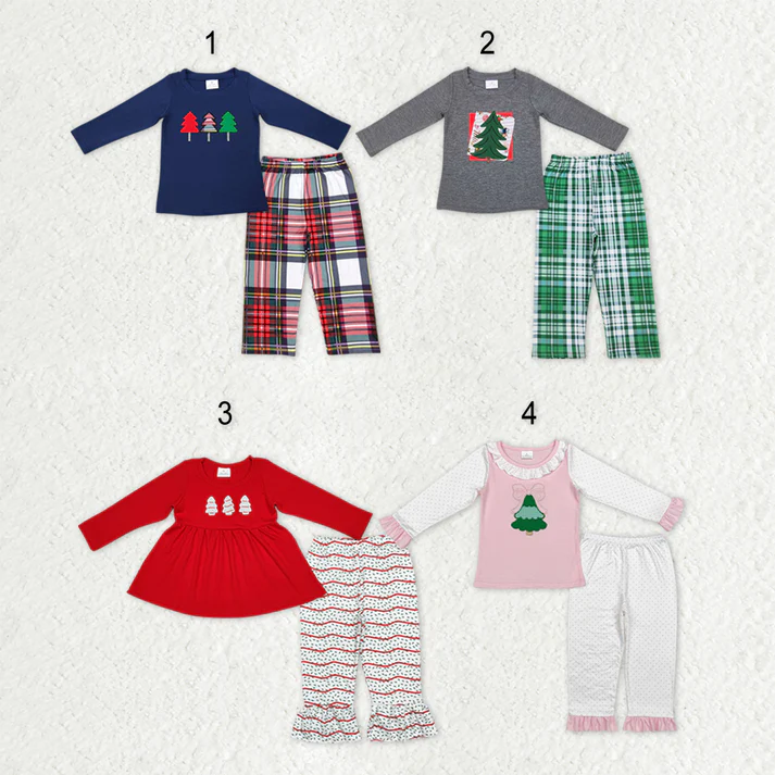 RTS NO MOQ Sibling Baby boy girl clothes Embroidery Christmas trees long-sleeved trousers suits