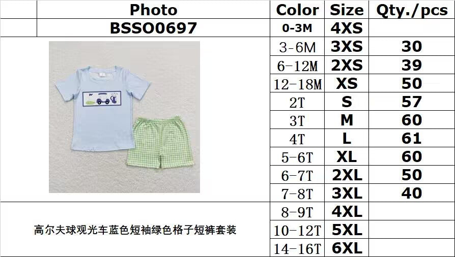 BSSO0697 Golf sightseeing car blue short-sleeved green plaid shorts suit