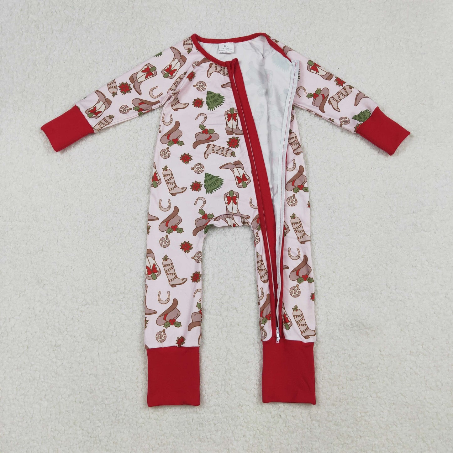 RTS NO MOQ（In Stock) LR2584 Pink long-sleeved bodysuit with a red zipper and Christmas tree boots and hat