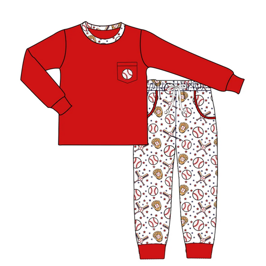 Custom moq 3 eta 7/8week moq 5 eta /4/5week Red Pocket Long Sleeve Top & White Baseball Tool Pants Set