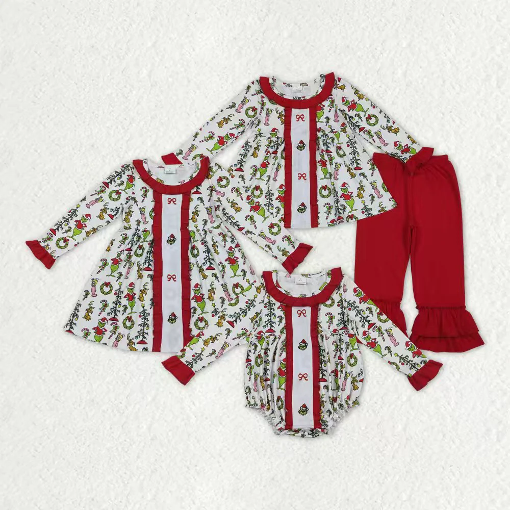RTS NO MOQ Sibling Baby girls clothes Embroidery Christmas cartoon long-sleeved trousers suit & rompers and dress