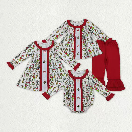 RTS NO MOQ Sibling Baby girls clothes Embroidery Christmas cartoon long-sleeved trousers suit & rompers and dress
